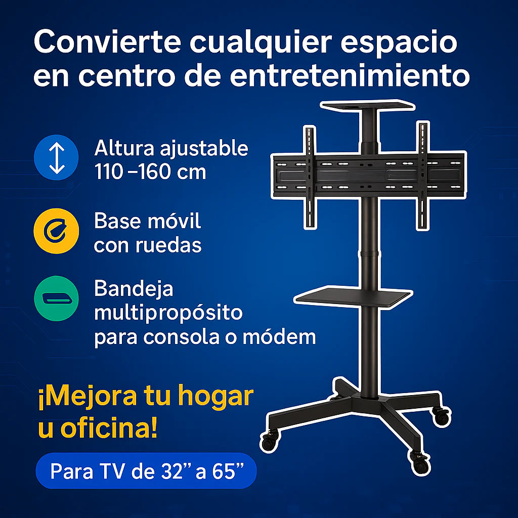 Soporte Móvil de Piso para TV 32’’–65’’ con Ruedas y Estante