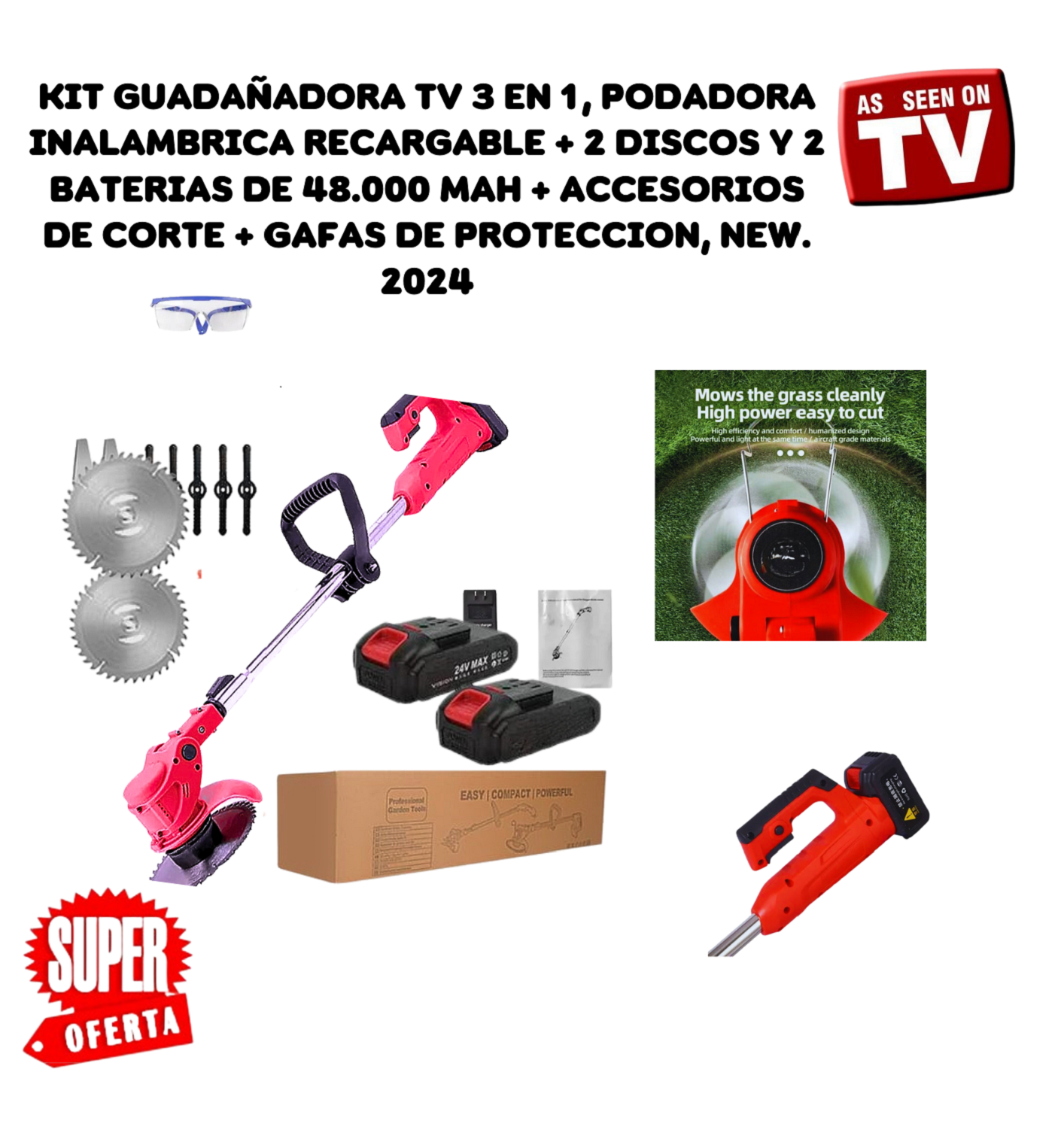 Guadañadora Tv 3 En 1 Podadora Portátil Inalámbrica + 2 Baterías De 48000 Mah Max  + Accesorios. Gratis Gafas De Protección New